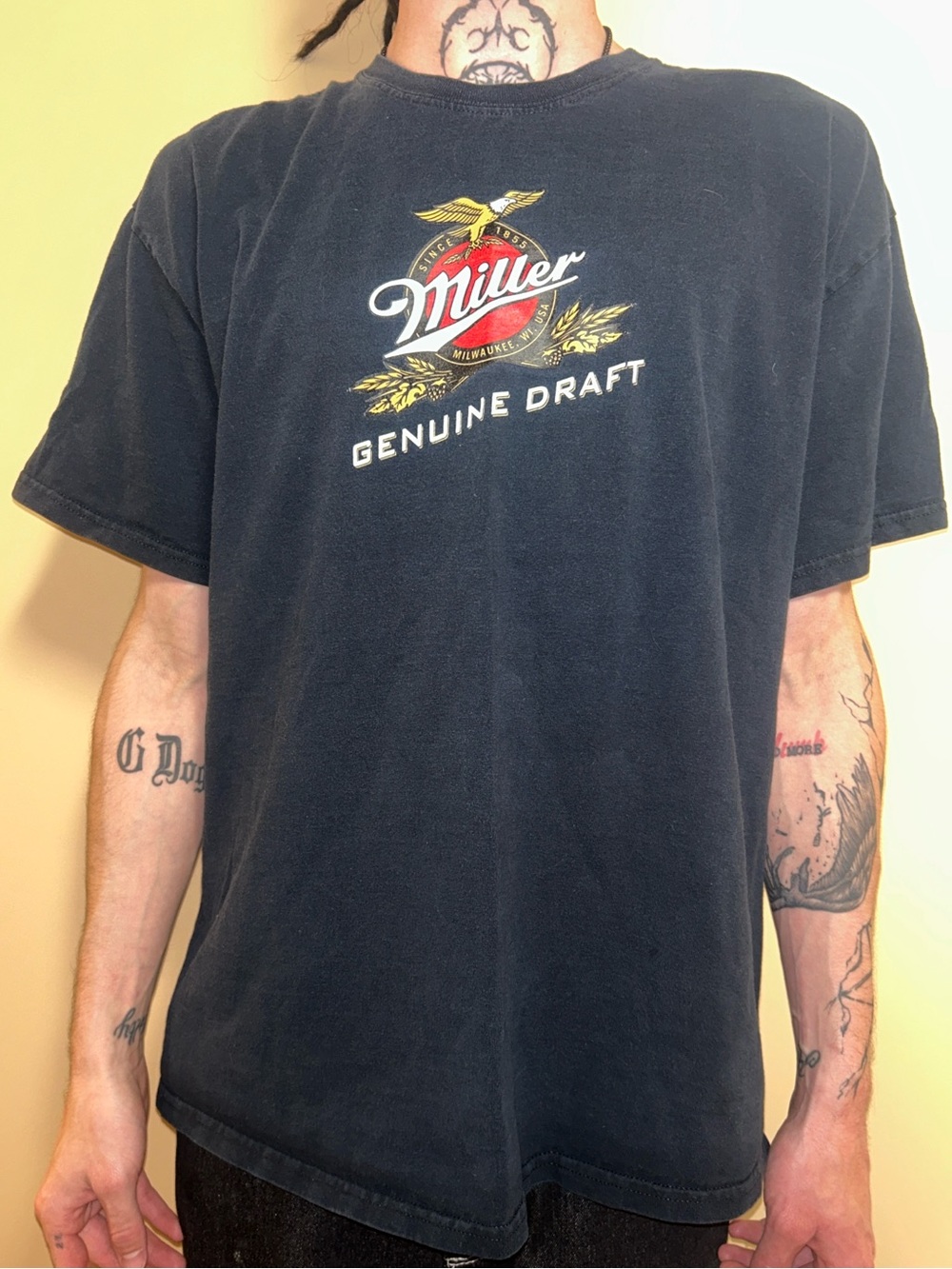 Gildan Black Crewneck Sweater with Miller Genuine Draft Logo - Red, Gold, White